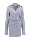 Attico Mini Striped Dress With V-neck, Long Sleeves, White And Navy Blue Cotton, Tied Waist In White/blue