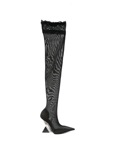 Attico Cheope Thigh-high Lace-trimmed Mesh Boots In Black