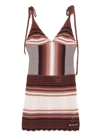 Attico Chocolate Brown Cotton Mini Dress In Multi