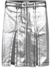 Attico Metallic Midi Skirt With Two Front Splits And Logo Detail On The Button In Silver