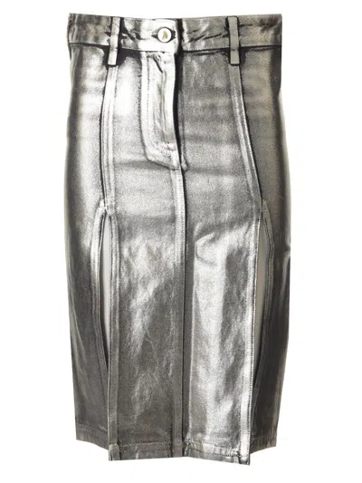 Attico Metallic Midi Skirt With Two Front Splits And Logo Detail On The Button In Cotton Woman In Silver