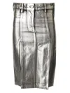 Attico Metallic Midi Skirt With Two Front Splits And Logo Detail On The Button In Silver