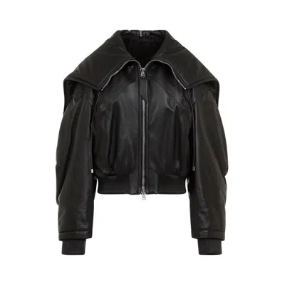 Attico Black Bomber Jacket With Zipped Oversized Hood In Leather Woman