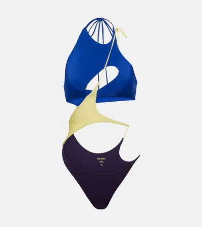 Attico Colorblocked Cutout Swimsuit In Grape Blue Yellow
