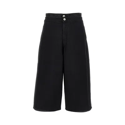Attico Cropped Denim Pants With Rhinestones In Black