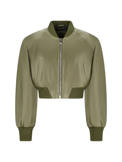 Attico Cropped Leather Bomber Jacket In Green