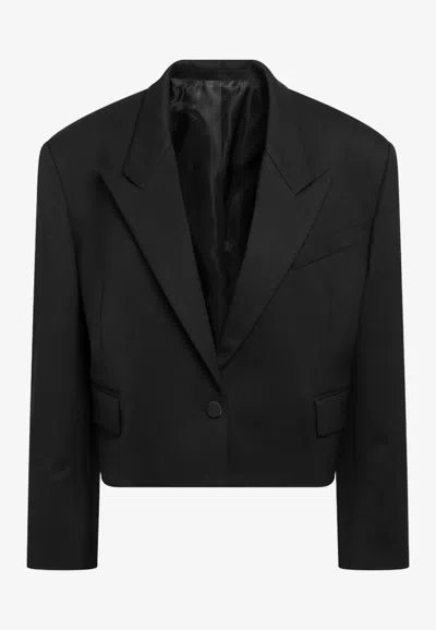 Attico Cropped Single-breasted Blazer In Wool-blend Gabardine In Black