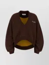 Attico Cropped V-neck Sweatshirt With Ribbed Cuffs And Hem In Brown