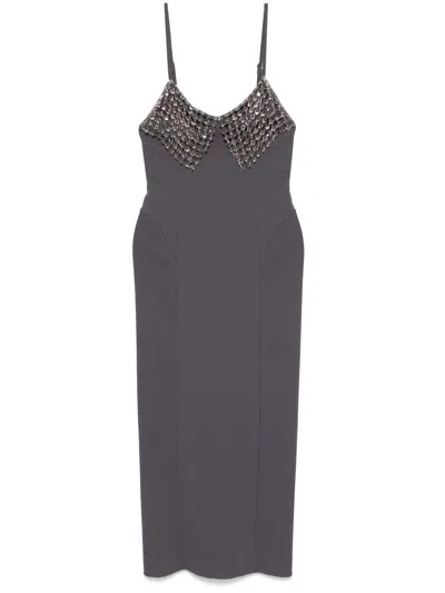 Attico Seiden-midikleid Mit Kristallen In Grey