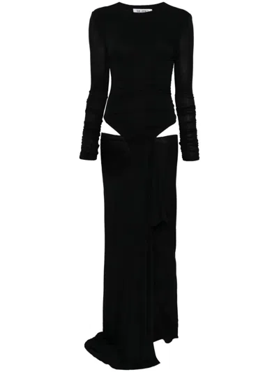 Attico Long Draped Jersey Dress With Pleats In Black
