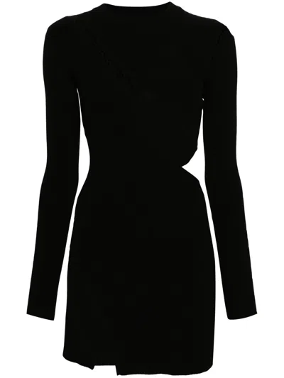 Attico Black Stretch Viscose Mini Dress With Oblique Cuts And Embroidered Label