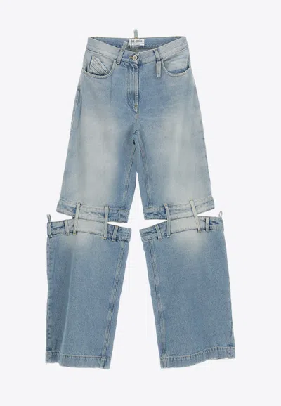 Attico Belted Wide Leg Cropped Trousers In Blue
