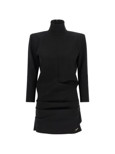 Attico Dress High Neckline Layered Design Long Sleeves In Black