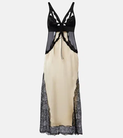 Attico Cutout Lace-trimmed Satin Midi Dress In Neutral