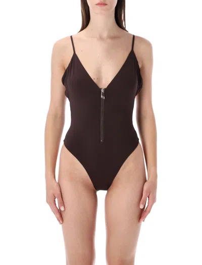 Attico Deep V Neck Swimsuit Front Zipper In Burgundy