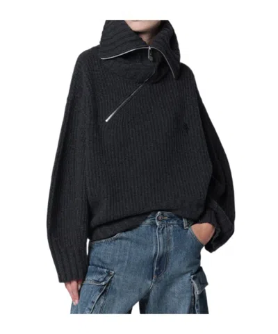 Attico Dark Grey Wool And Cashmere Sweater With Zip In Black