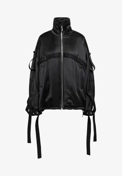 Attico Deconstructed Bomber Jacket In Satin With Ribbon Straps In Black