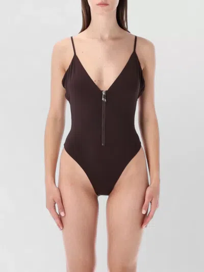 Attico Deep V Neck Swimsuit Front Zipper In Burgundy