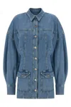 Attico Neutrals Denim Long Puffed Sleeves Mini Dress In Blue