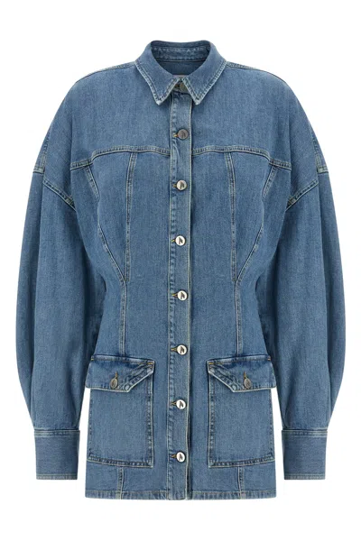 Attico Denim Mini Dress Front Pockets Long Sleeves In Blue