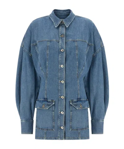 Attico Denim Mini Dress Front Pockets Long Sleeves In Blue