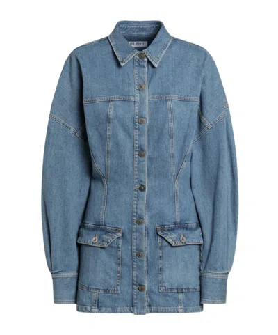 Attico Denim Mini Dress Front Pockets Long Sleeves In Blue