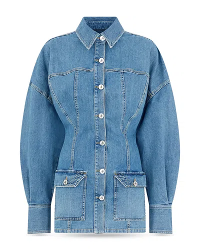Attico Denim Mini Dress Front Pockets Long Sleeves In Blue