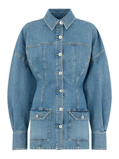 Attico Denim Mini Dress Front Pockets Long Sleeves In Blue