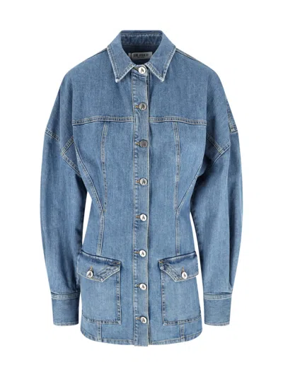 Attico Denim Mini Dress Front Pockets Long Sleeves In Blue