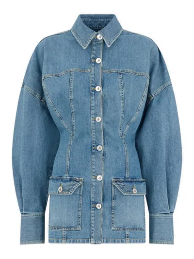 Attico Denim Mini Dress Front Pockets Long Sleeves In Blue