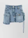 Attico Denim Mini Skirt With Pockets And Stitching In Blue