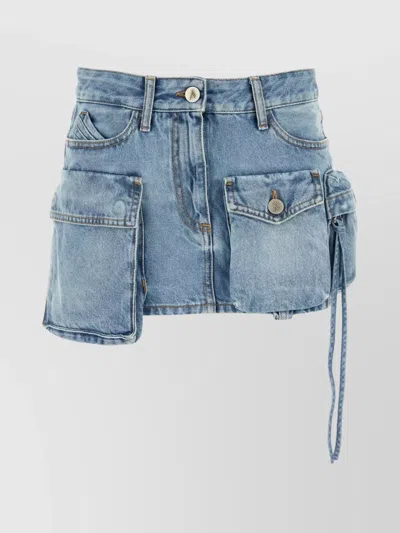 Attico Denim Mini Skirt With Pockets And Stitching In Blue