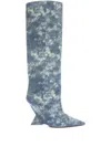 Attico Denim-print Heeled Boots In Blue