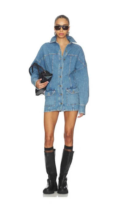 Attico Denim Mini Dress Front Pockets Long Sleeves In Blue
