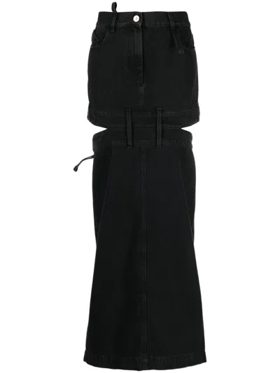 Attico Stylish Black Denim Skirt With Embroidered Logo And Cut-out Detailing