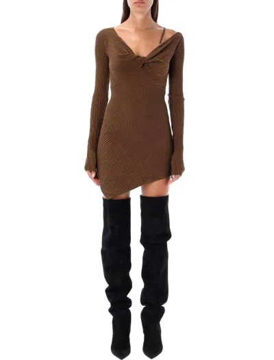 Attico Desai Asymmetric Single Shoulder Strapped Mini Dress In Brown