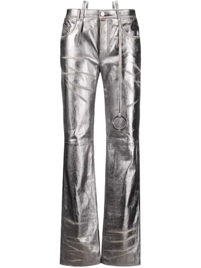 Attico Distressed Straight-leg Leather Trousers In Silver