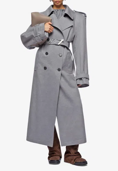 Attico Double-breasted Belted Trench Coat In Gray