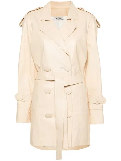 Attico Double-breasted Leather Coat In Neutrals