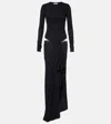 Attico Long Draped Jersey Dress With Pleats In Black