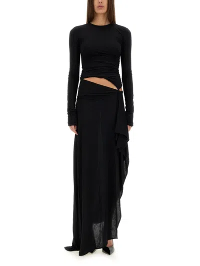 Attico Long Draped Jersey Dress With Pleats In Black