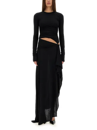 Attico Long Draped Jersey Dress With Pleats In Black