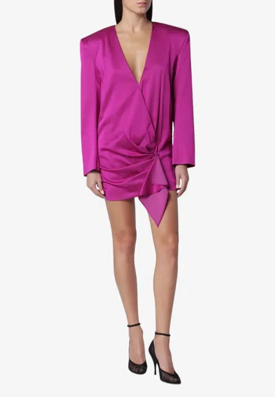Attico Draped Mini Satin Dress With Padded Shoulders In Fuchsia