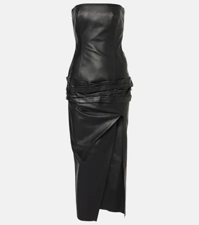 ATTICO DRAPED STRAPLESS LEATHER MIDI DRESS