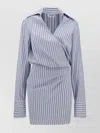 Attico Mini Striped Dress With V-neck, Long Sleeves, White And Navy Blue Cotton, Tied Waist