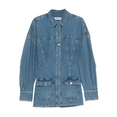 Attico Denim Mini Dress Front Pockets Long Sleeves In Blue