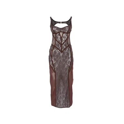Attico Midi Dress Lace Insert Scalloped Hem In Brown