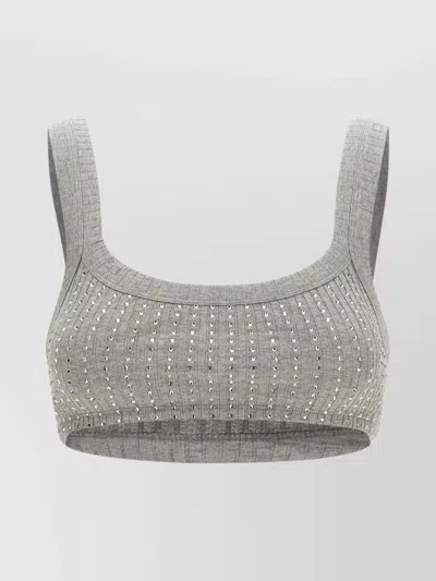 Attico Embellished Ribbed Square Wide Straps Top In Gray
