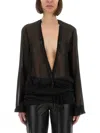 Attico Fringe Detailing Georgette Blouse With Ruched Waist In Black