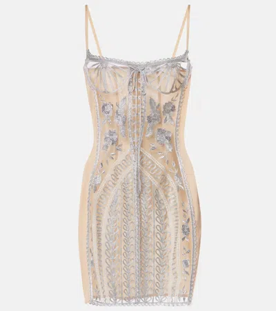Attico Embroidered Sheer Minidress In Silver